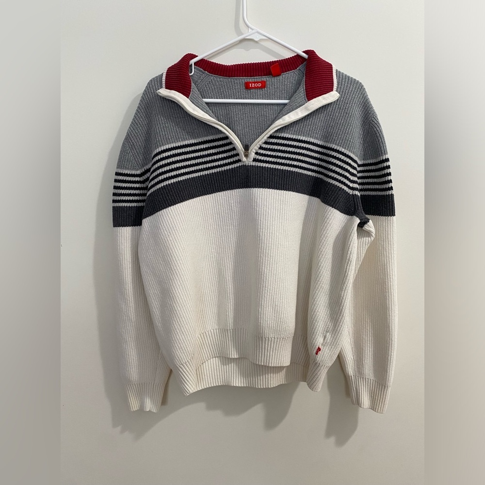 IZOD 1/4 Quarter Zip Knit Pullover Sweater Mens Cotton Stripes Size Large - Picture 3 of 7